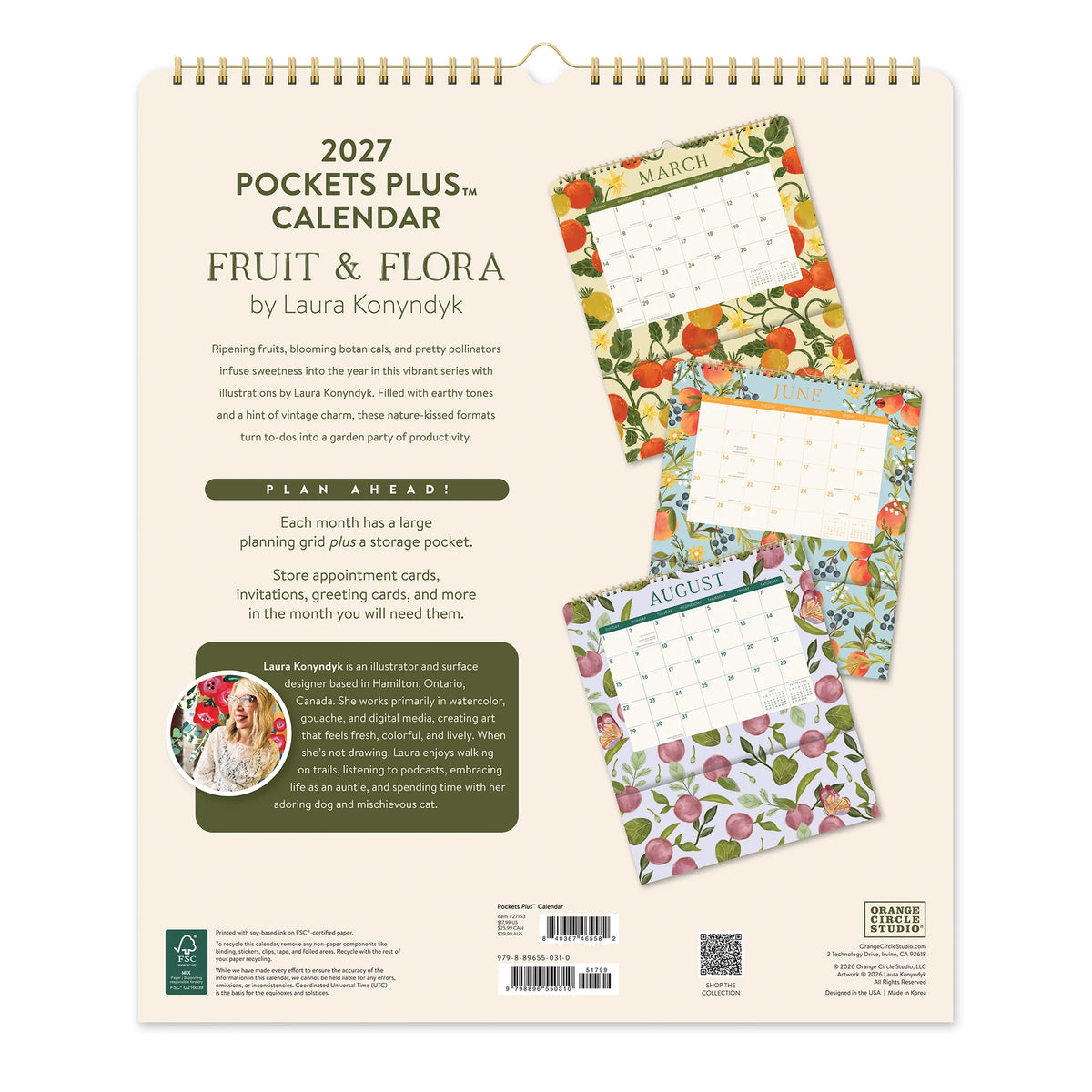 2027 Fruit & Flora Pockets Plus Wall Calendar - Orange Circle Studio