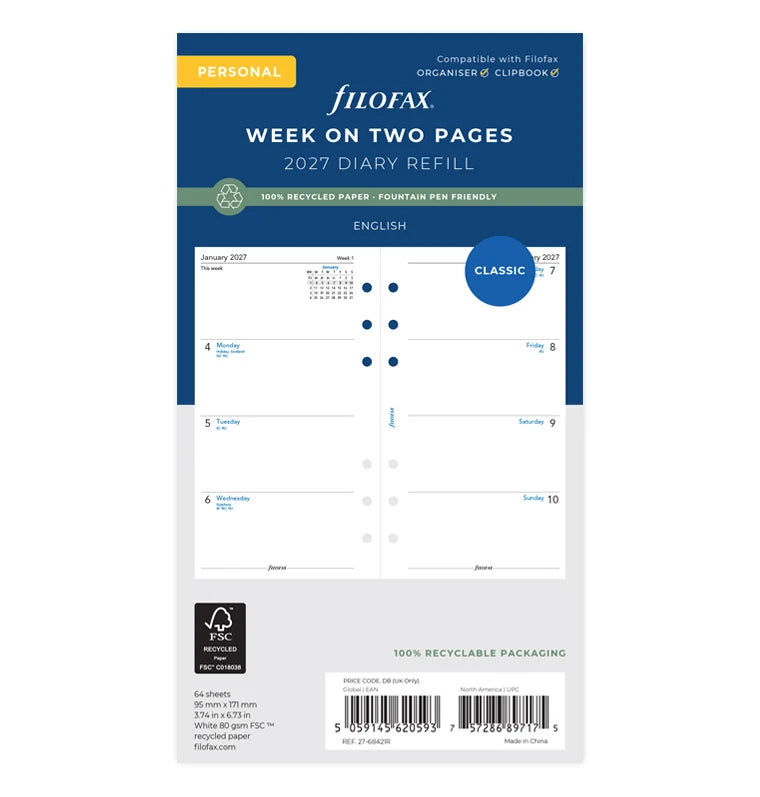 Filofax 2027 Diary Refill - Week on Two Pages